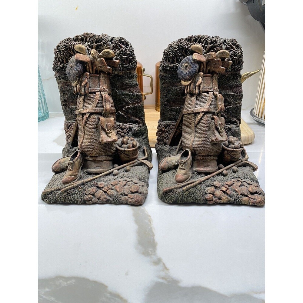 Pair Golf Bookends Book ends By FIGI Graphics painted bronze Vintage 1990s